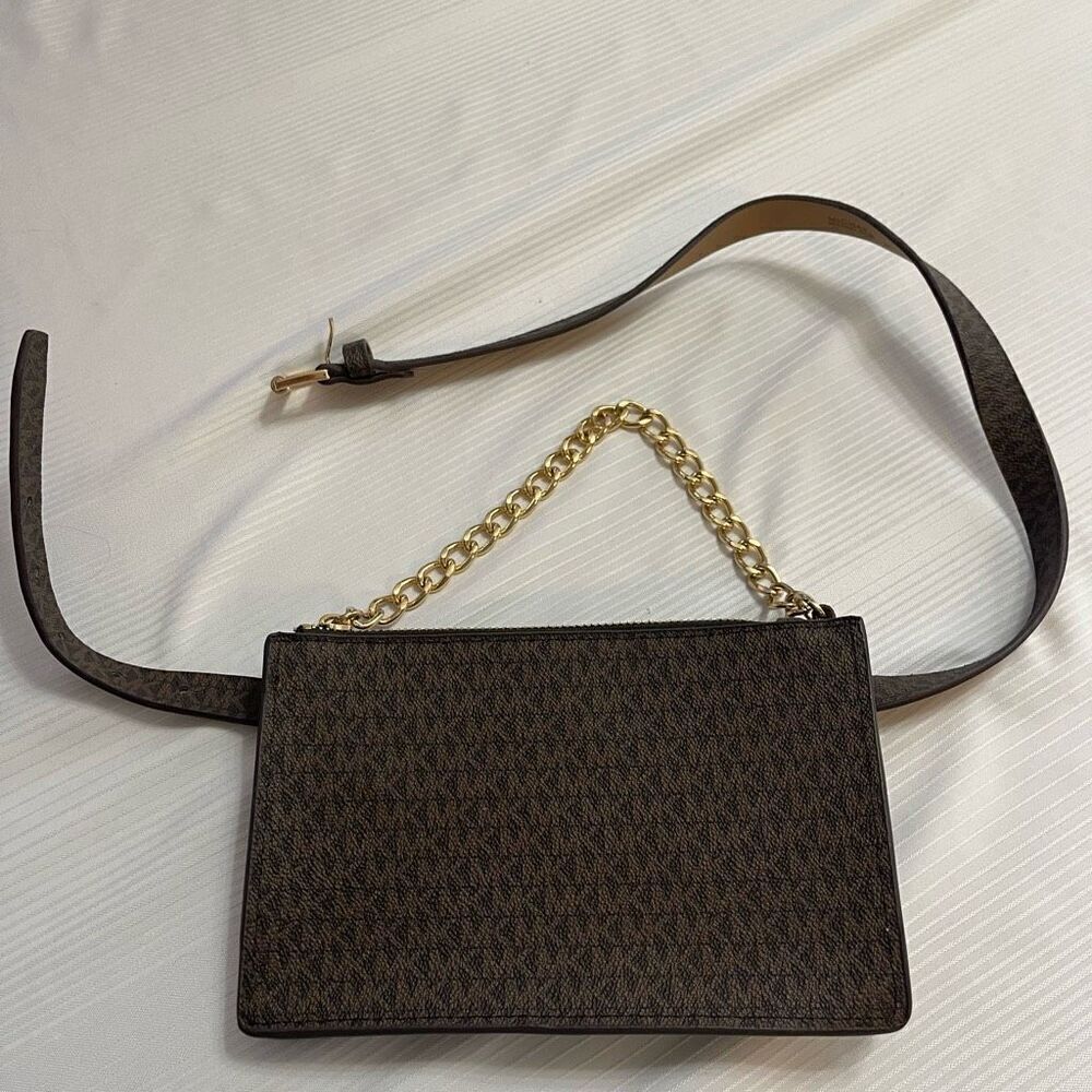 Michael Kors Brown MK Signature Waist Bag Fanny Pack Belt Small Gold Chain